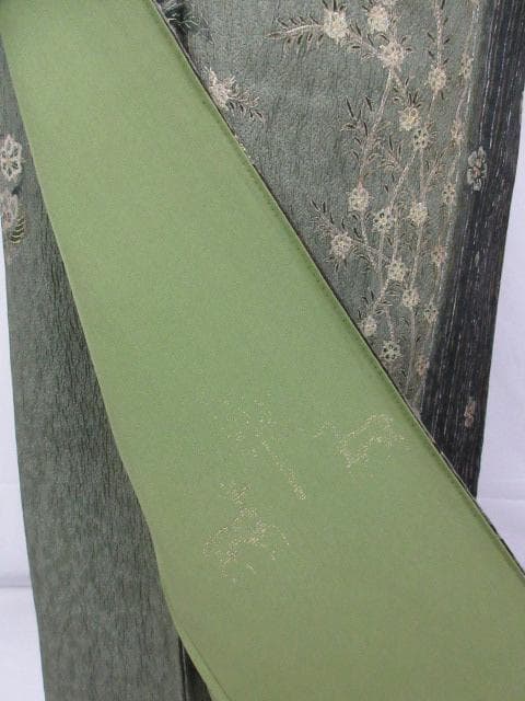 ロミ新古品！ふくれ織＊花唐草＆タテ柄＊松葉色＊紋無し訪問着１６０ｃｍ裄６５