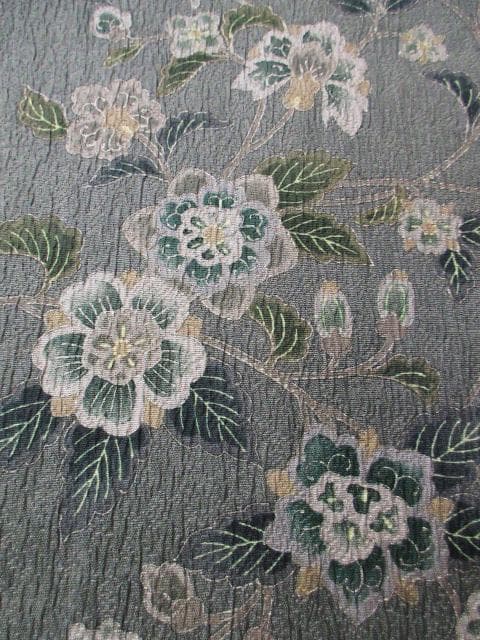 ロミ新古品！ふくれ織＊花唐草＆タテ柄＊松葉色＊紋無し訪問着１６０ｃｍ裄６５