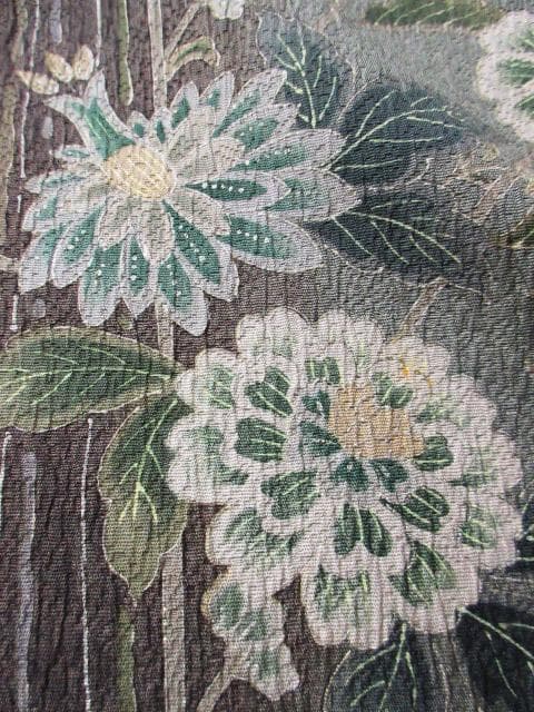 ロミ新古品！ふくれ織＊花唐草＆タテ柄＊松葉色＊紋無し訪問着１６０ｃｍ裄６５