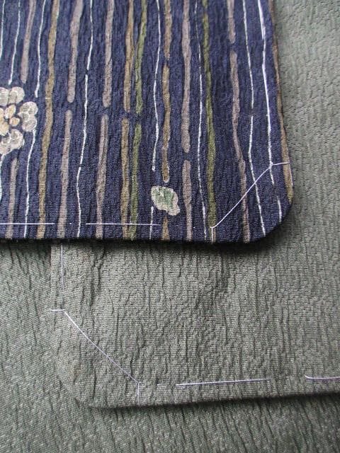 ロミ新古品！ふくれ織＊花唐草＆タテ柄＊松葉色＊紋無し訪問着１６０ｃｍ裄６５