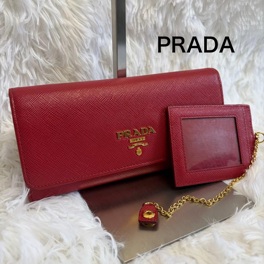 ✨極美品✨PRADA サフィアーノ　長財布　カードケース　レッド　メタルロゴ