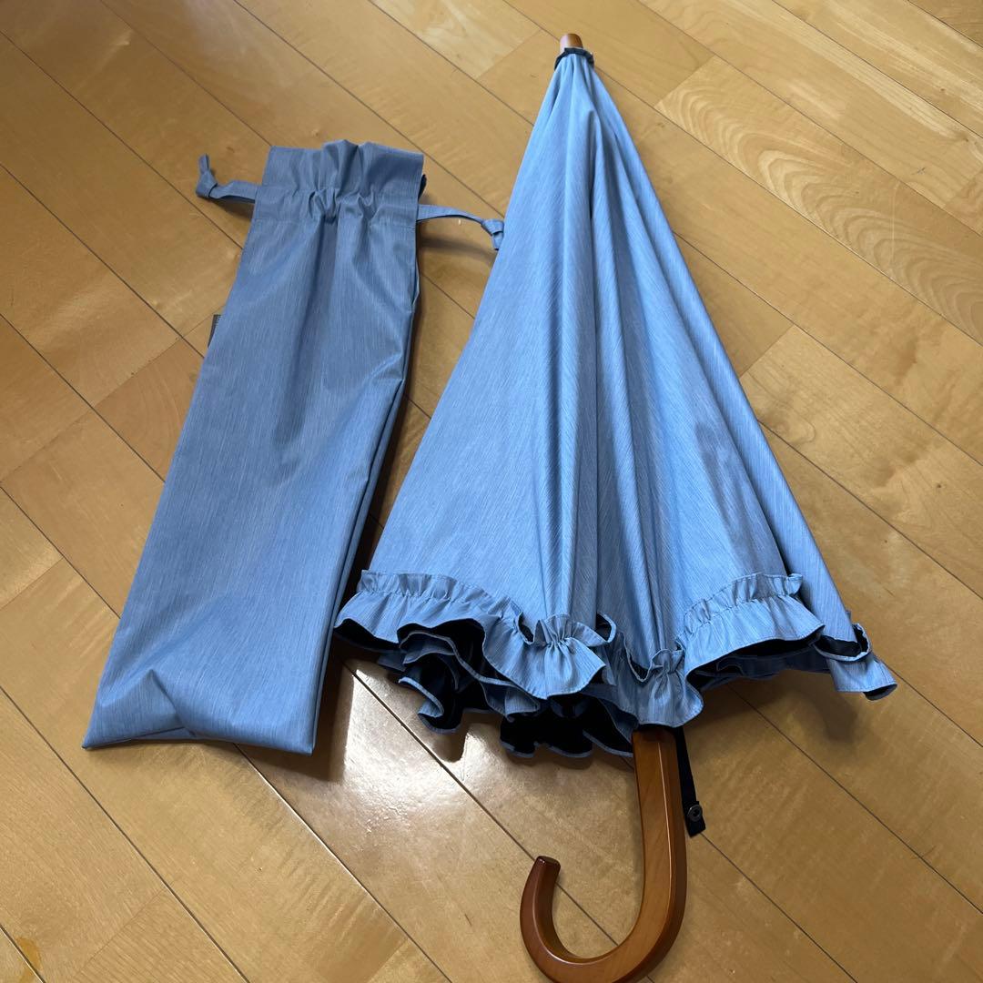 サンバリア　日傘　２段折 フリル フロスト　フロストブルー　木曲がり手元