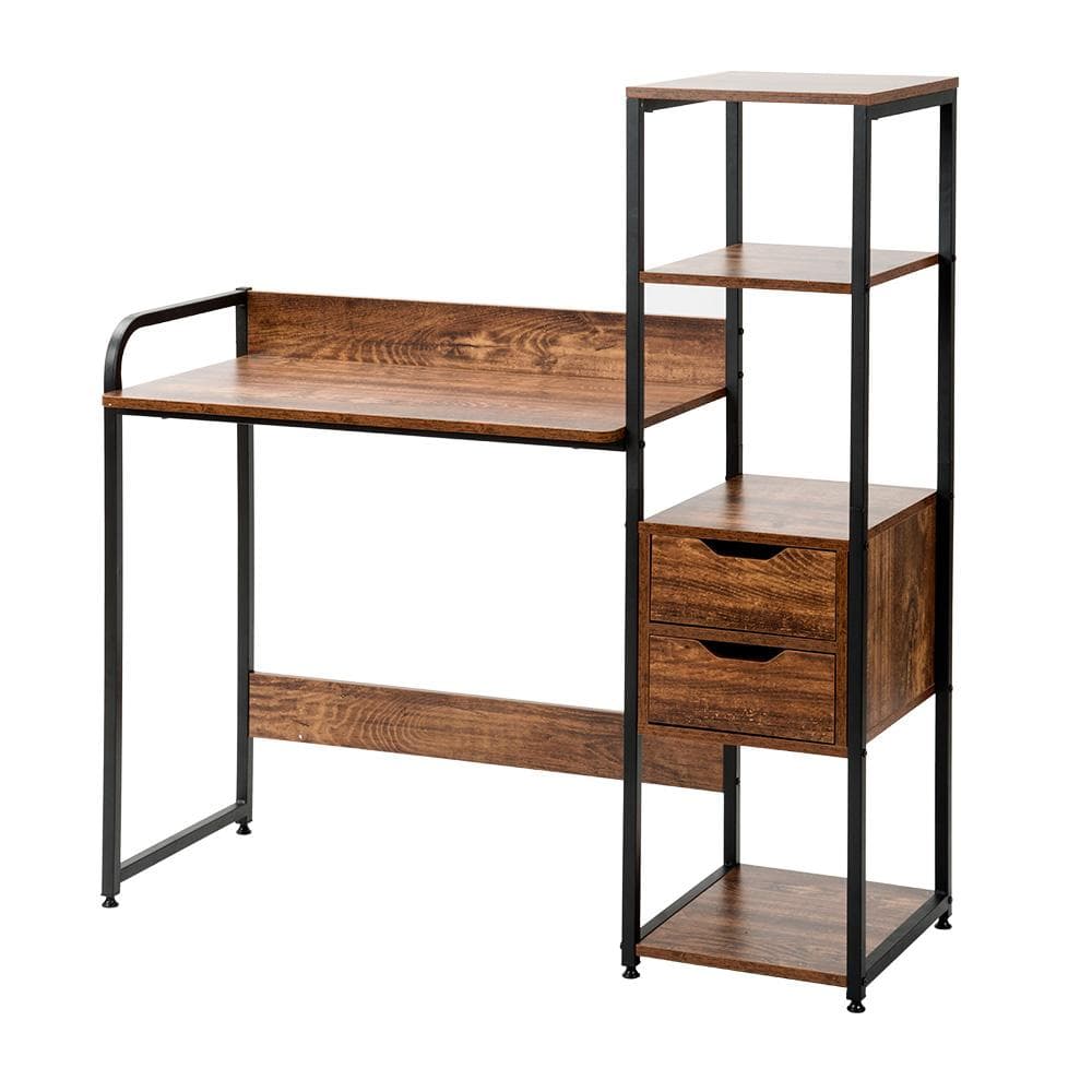 【ダークブラウン】パソコンデスク引き出し付き3段シェルフ付書斎机 学習机 勉強机