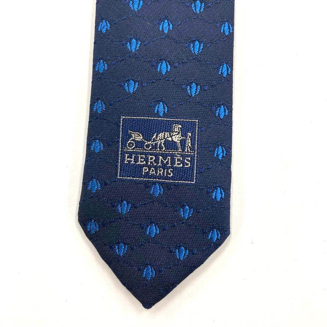 【極美品】HERMES ネクタイ 綺麗め クール ファソネH ブルー 刺繍 希少