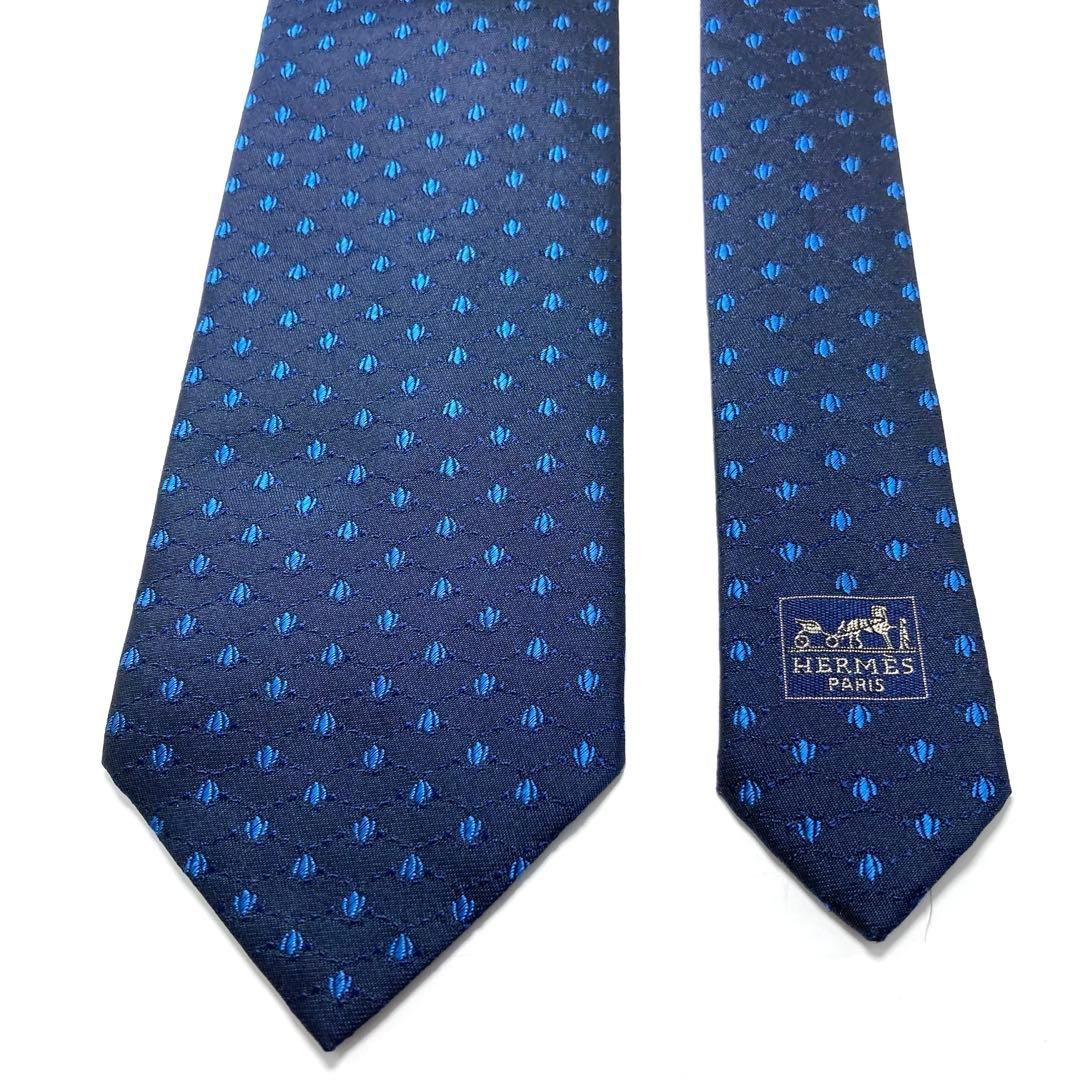 【極美品】HERMES ネクタイ 綺麗め クール ファソネH ブルー 刺繍 希少