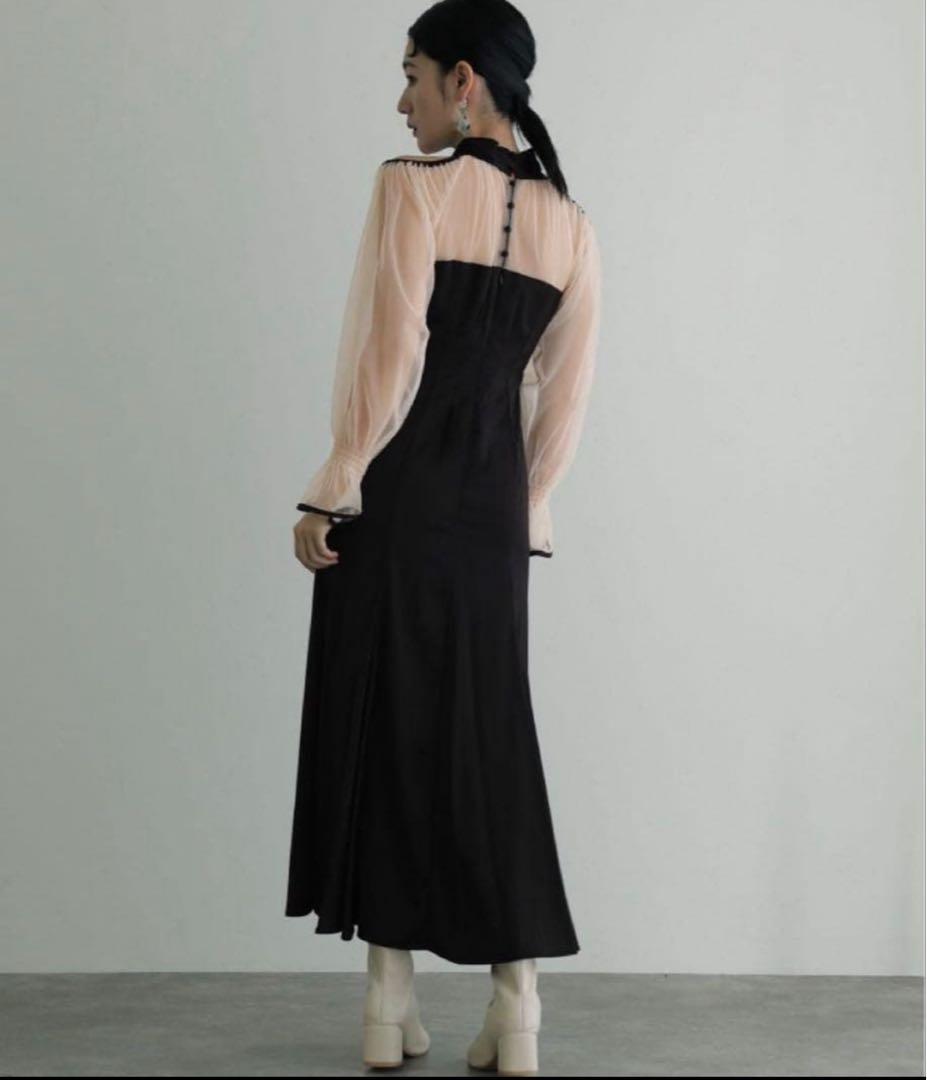 美品【atlo】袖あり&ロングパーティードレスチュールお呼ばれ結婚式フォーマル