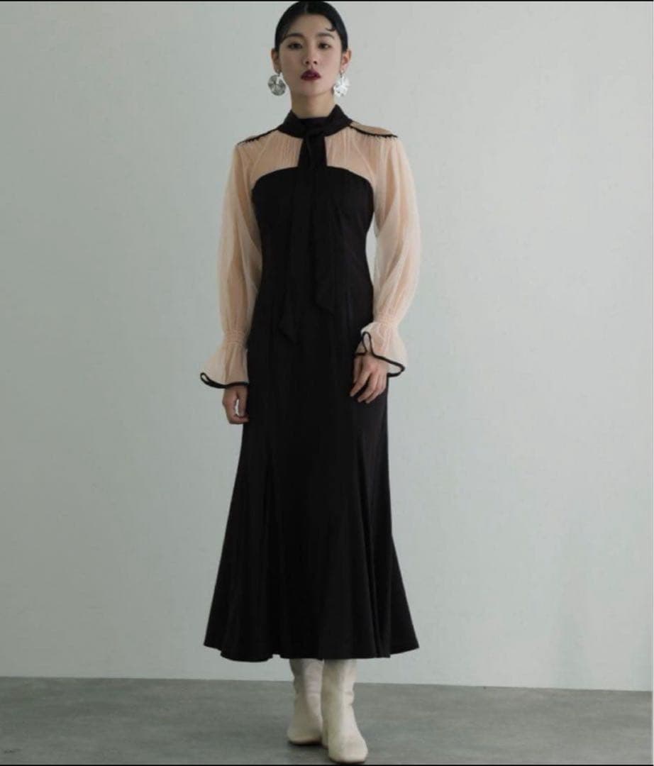 美品【atlo】袖あり&ロングパーティードレスチュールお呼ばれ結婚式フォーマル