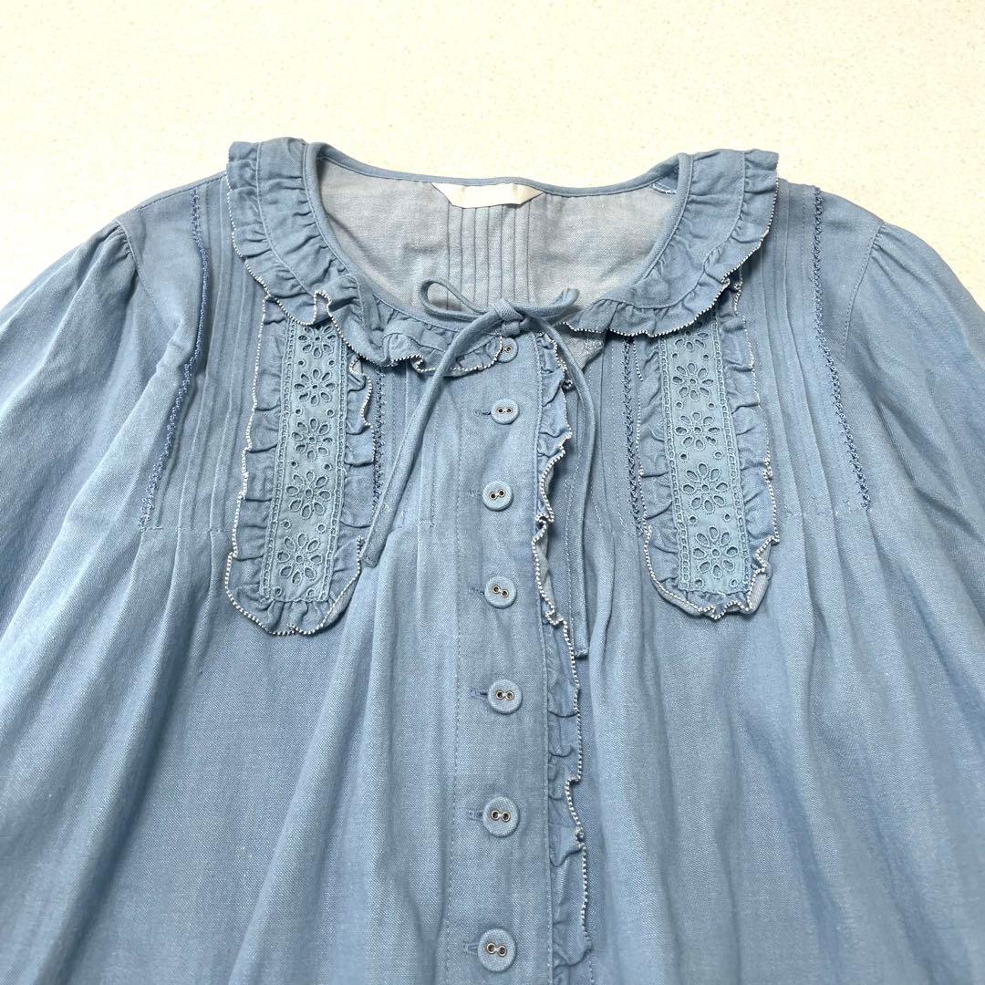 ピンクハウス デニム Aライン チュニック フリル ピンタック リボン