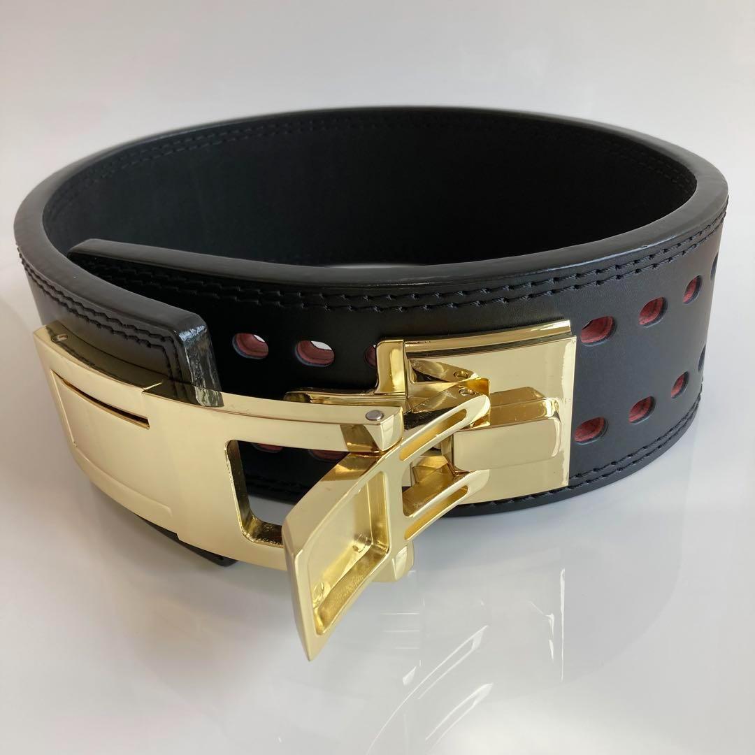 【訳アリ】 パワーベルト レバーアクション 本革 ワンタッチ可変式 黒×ゴールド