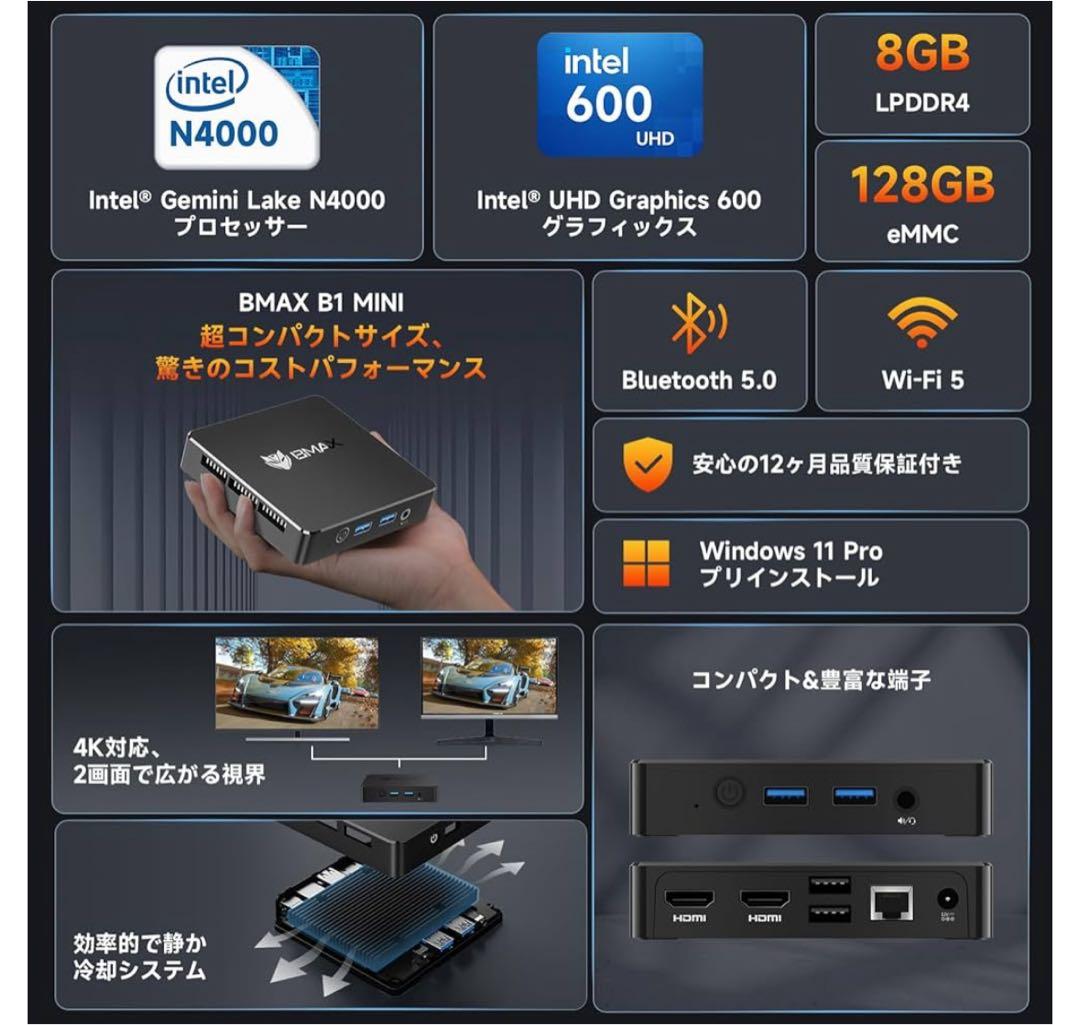 ミニPC Windows11pro 8GB/128GB BMAX B1 MINI