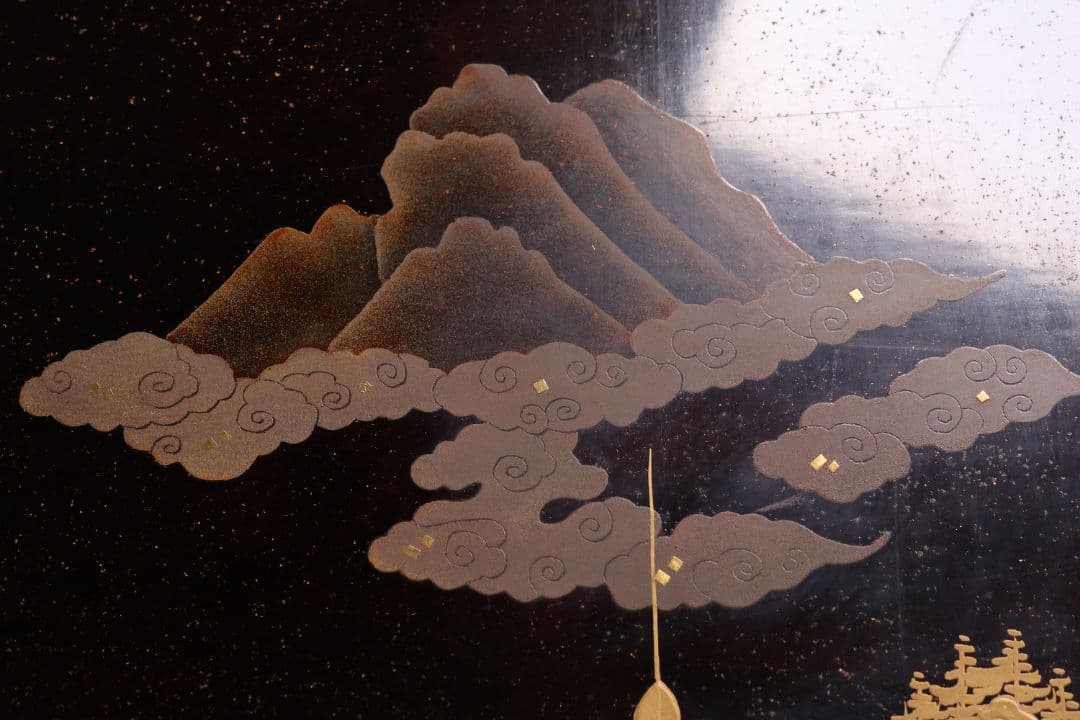 時代 楼閣山水蒔絵 総梨地 冠卓 二段卓 木製 覆輪 金蒔絵 花台【MA662】