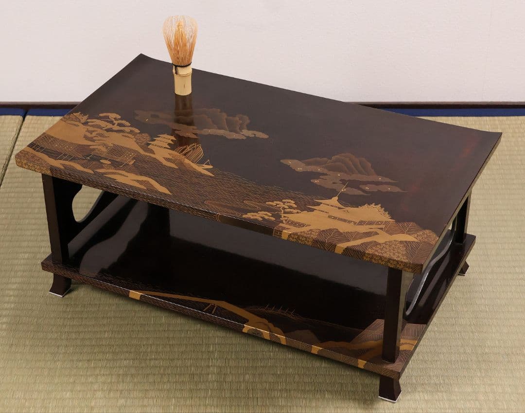 時代 楼閣山水蒔絵 総梨地 冠卓 二段卓 木製 覆輪 金蒔絵 花台【MA662】