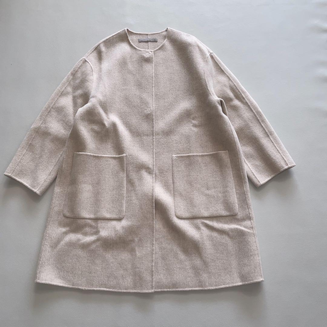 セオリーリュクス 38 カシミア混リバー仕立て　ノーカラー　マフラー付コート