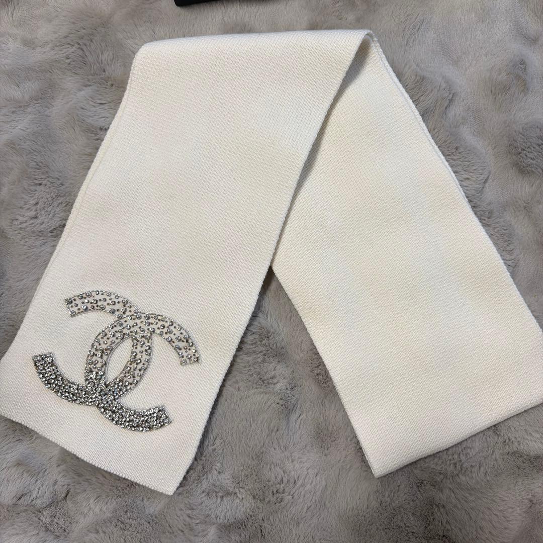 【美品】シャネル CHANELココマーク カシミヤ マフラー パール ビジュー