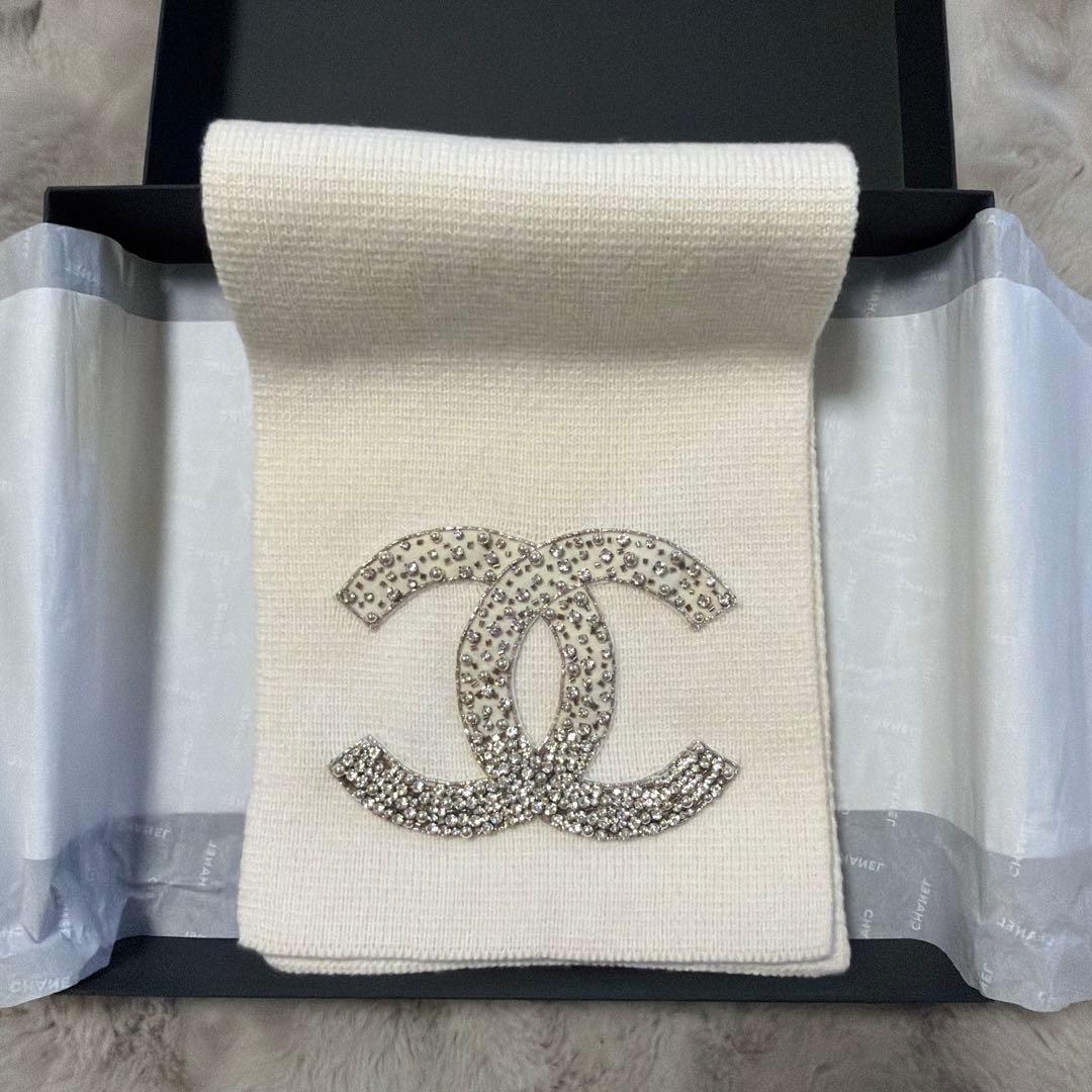 【美品】シャネル CHANELココマーク カシミヤ マフラー パール ビジュー
