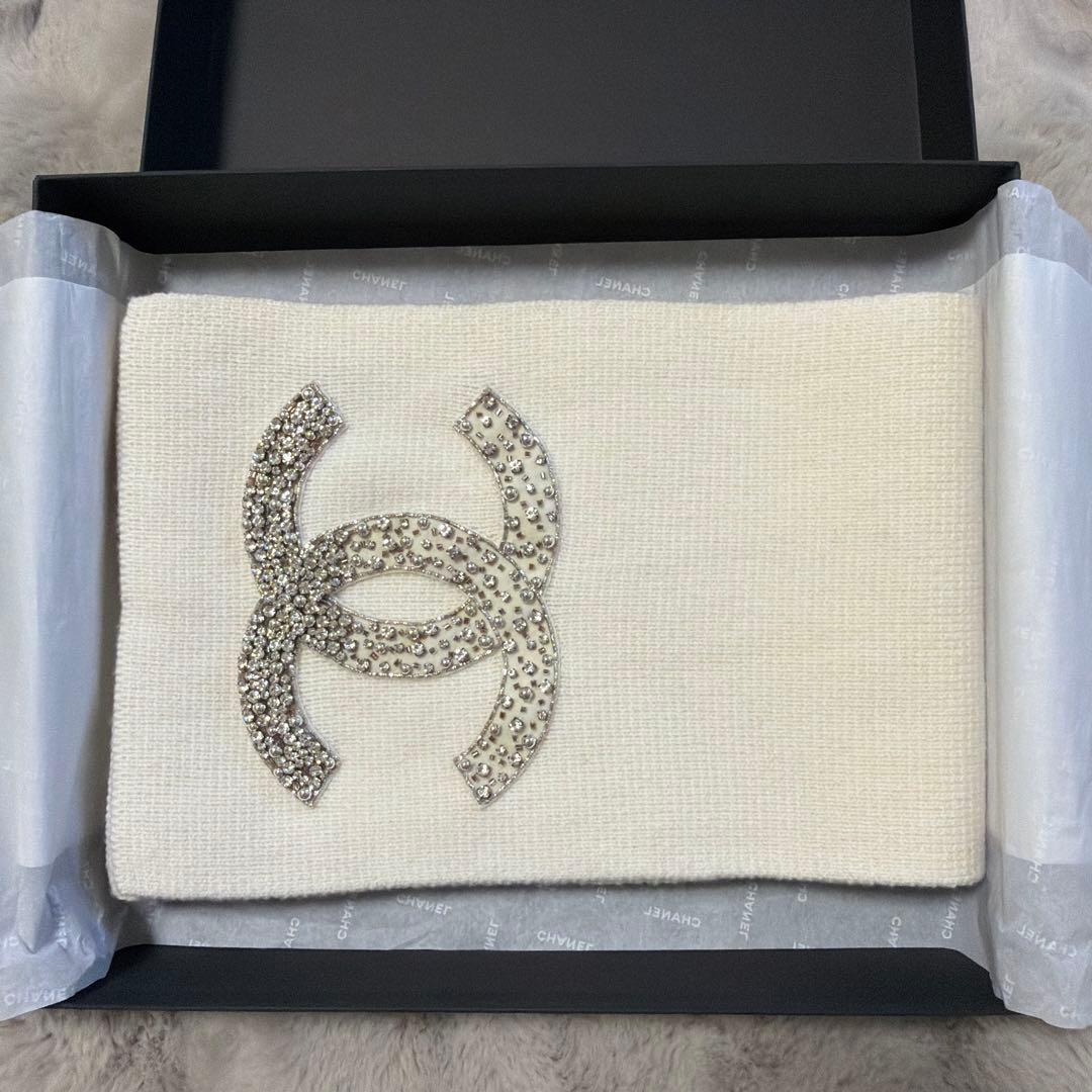 【美品】シャネル CHANELココマーク カシミヤ マフラー パール ビジュー