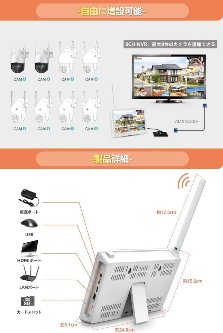 500万画素対応・360°全方位監視 モニター付き 防犯カメラ 2台セット