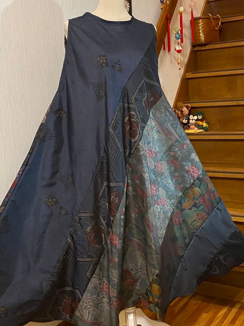 大島紬着物リメイクテントラインワンピース