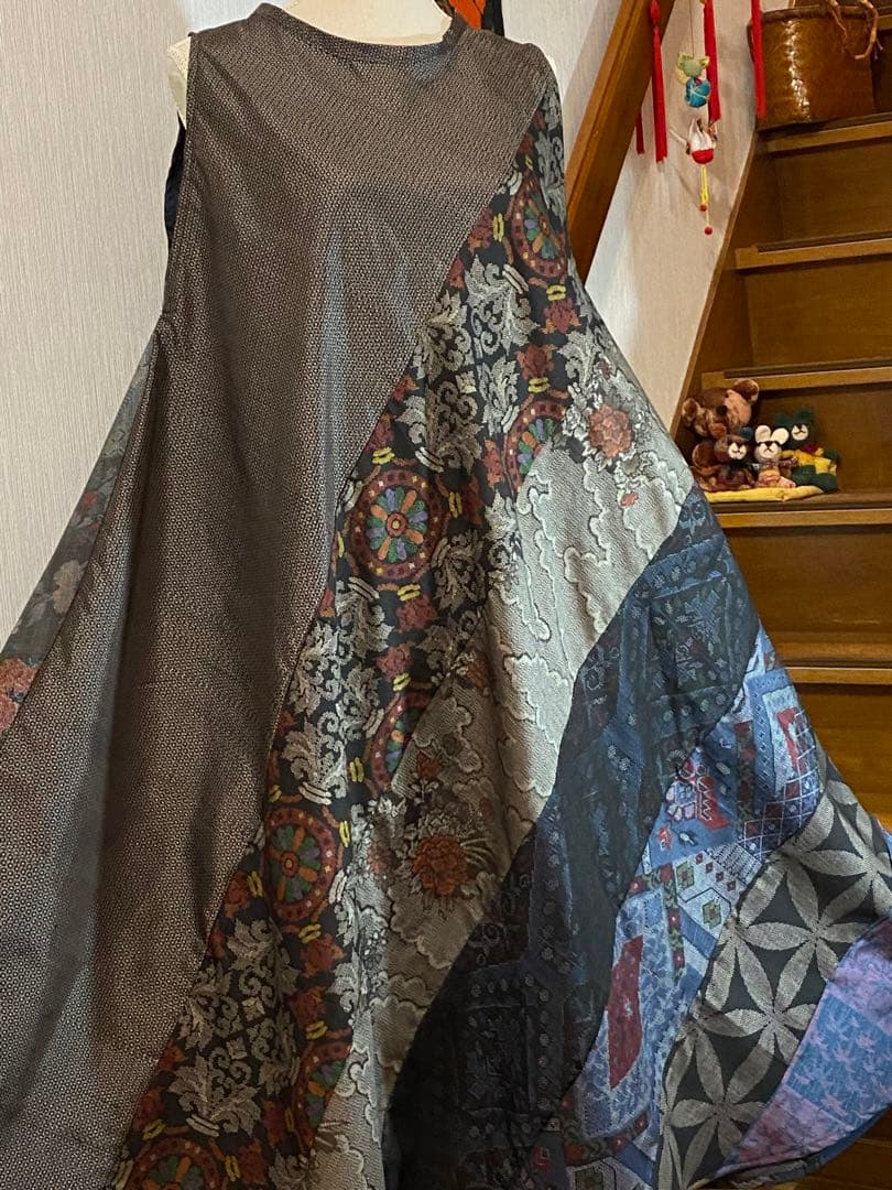 大島紬着物リメイクテントラインワンピース