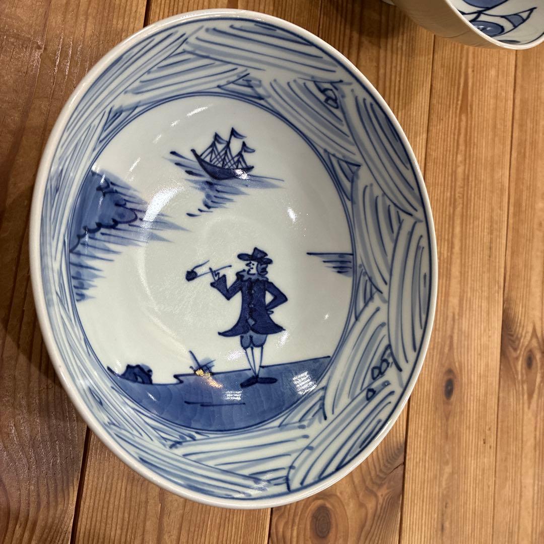 有田焼　青花　しん窯　長崎紋渕上り　江戸紋　奴だこ　6.5寸　中華丼　19cm