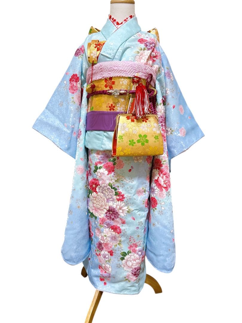 美品フルセット♡七五三　7歳　女の子　水色　ピンク　ゴールド　パール付帯締め