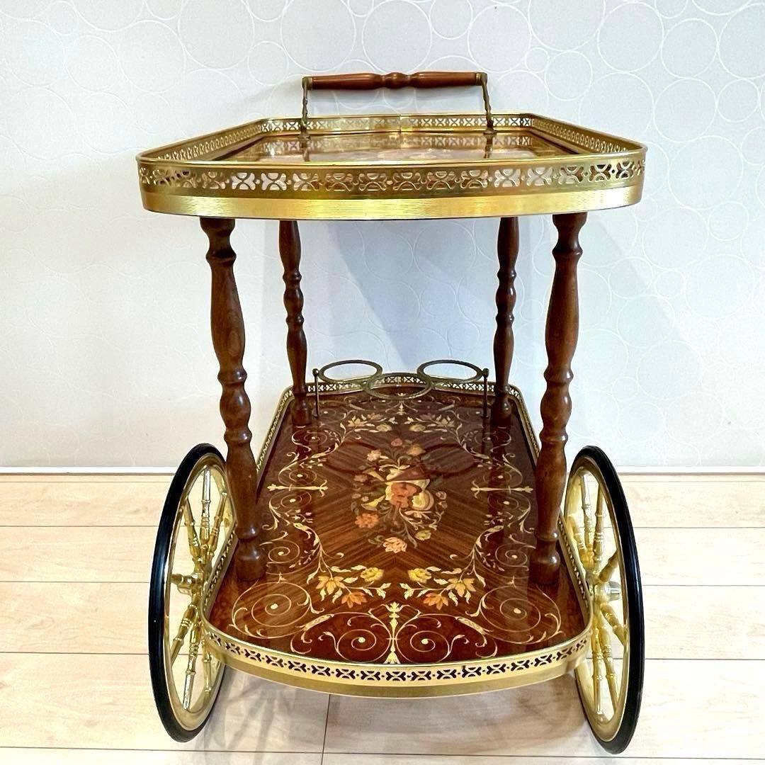 【希少】イタリア製 象嵌 ティーカート キッチンワゴン 真鍮装飾 高級クラシック