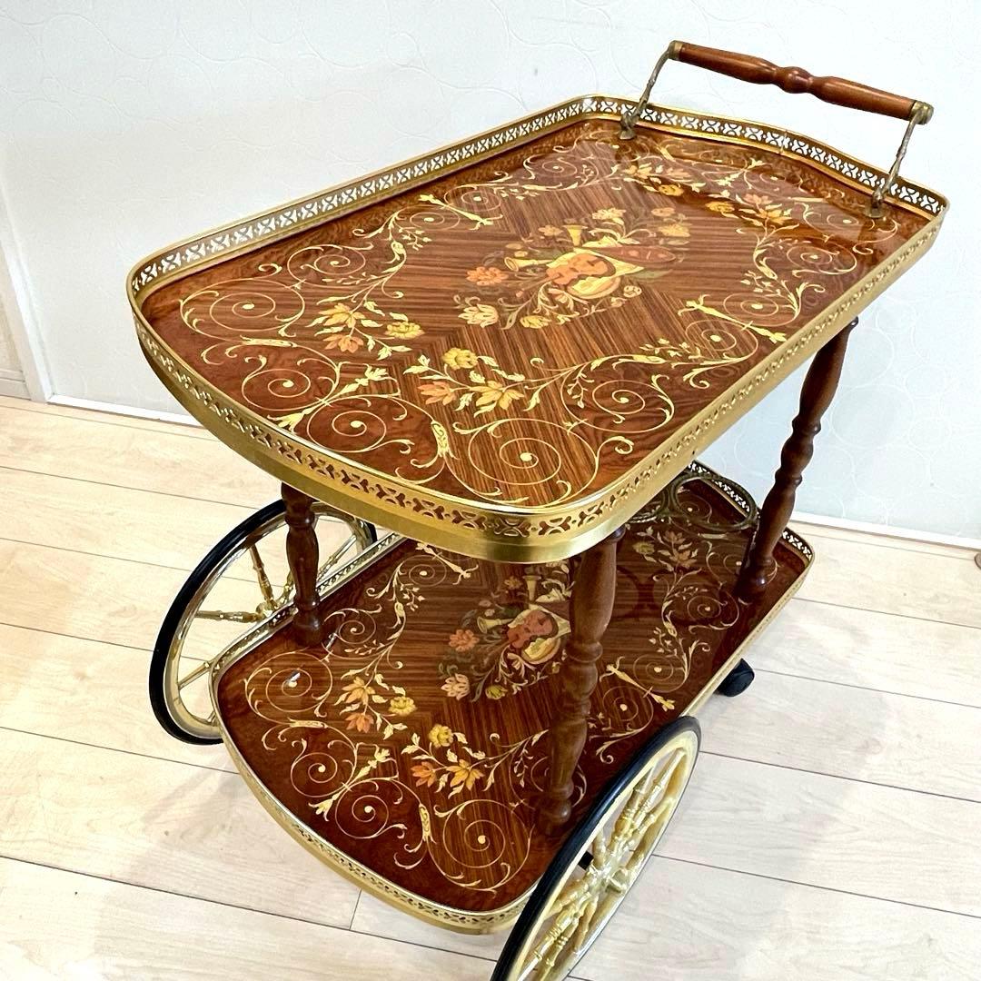 【希少】イタリア製 象嵌 ティーカート キッチンワゴン 真鍮装飾 高級クラシック