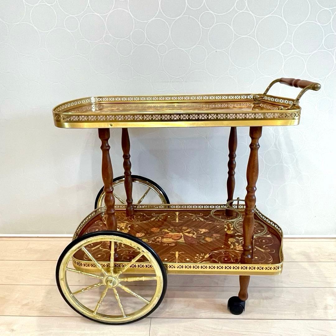 【希少】イタリア製 象嵌 ティーカート キッチンワゴン 真鍮装飾 高級クラシック