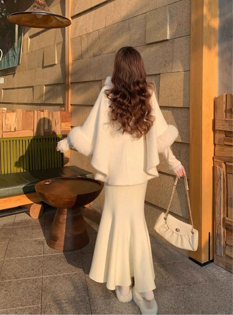 ケープ コート ポンチョ ファー ふわふわ アイボリー 韓国 miu系穿搭