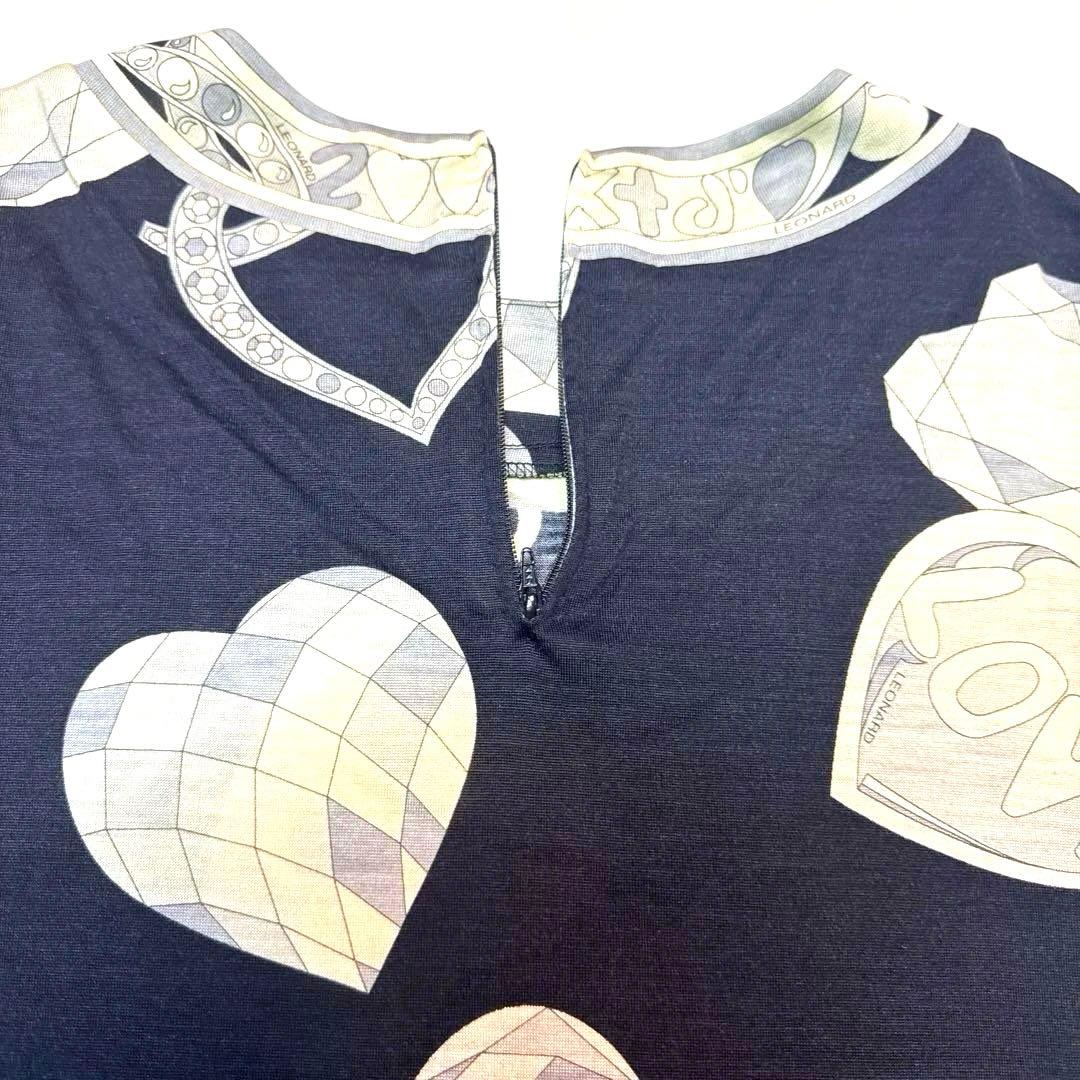 レオナール　シルクウール　トップス カットソー トトリムハート柄　黒地白グレーL