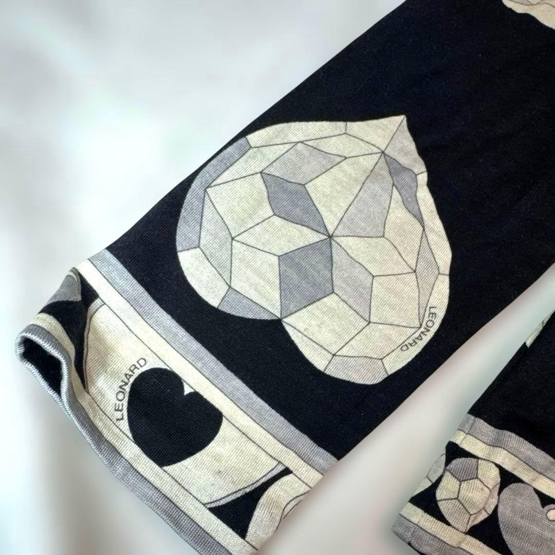 レオナール　シルクウール　トップス カットソー トトリムハート柄　黒地白グレーL