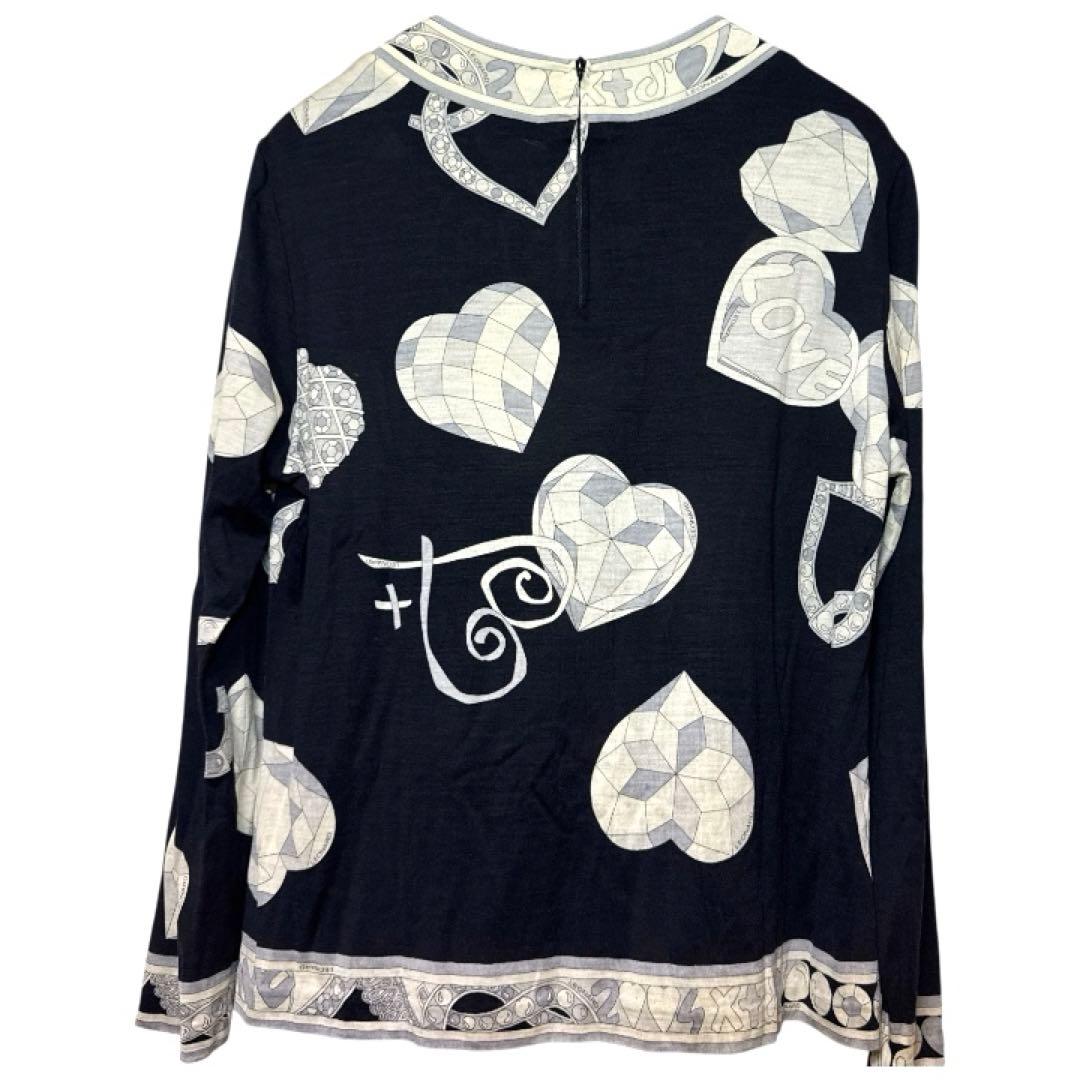 レオナール　シルクウール　トップス カットソー トトリムハート柄　黒地白グレーL