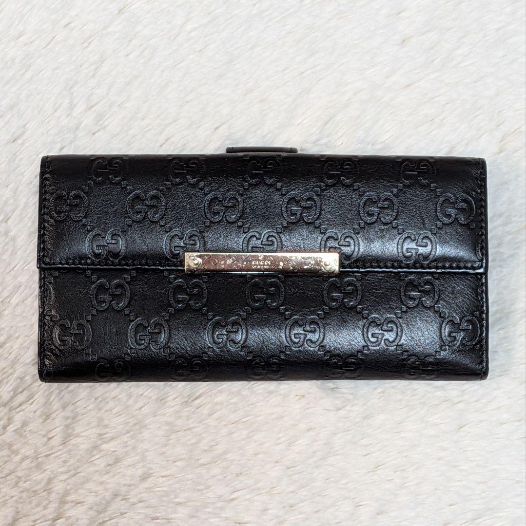 美品✨️グッチ 長財布 GGシマ ロゴプレート シマレザー フラップ 黒 本革