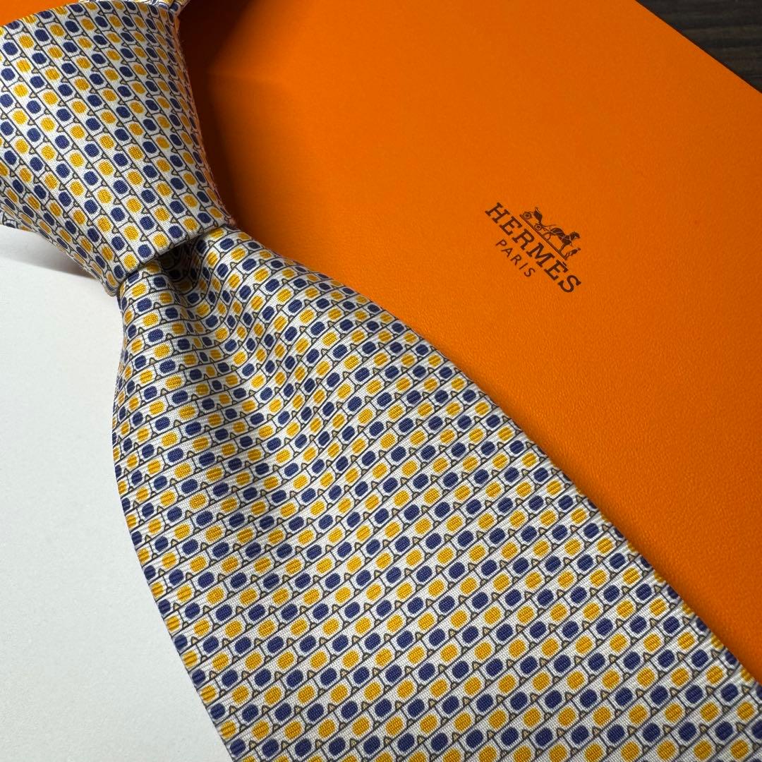 未使用 希少 HERMES エルメス 3Dメガネ柄 ネクタイ イエロー シルク