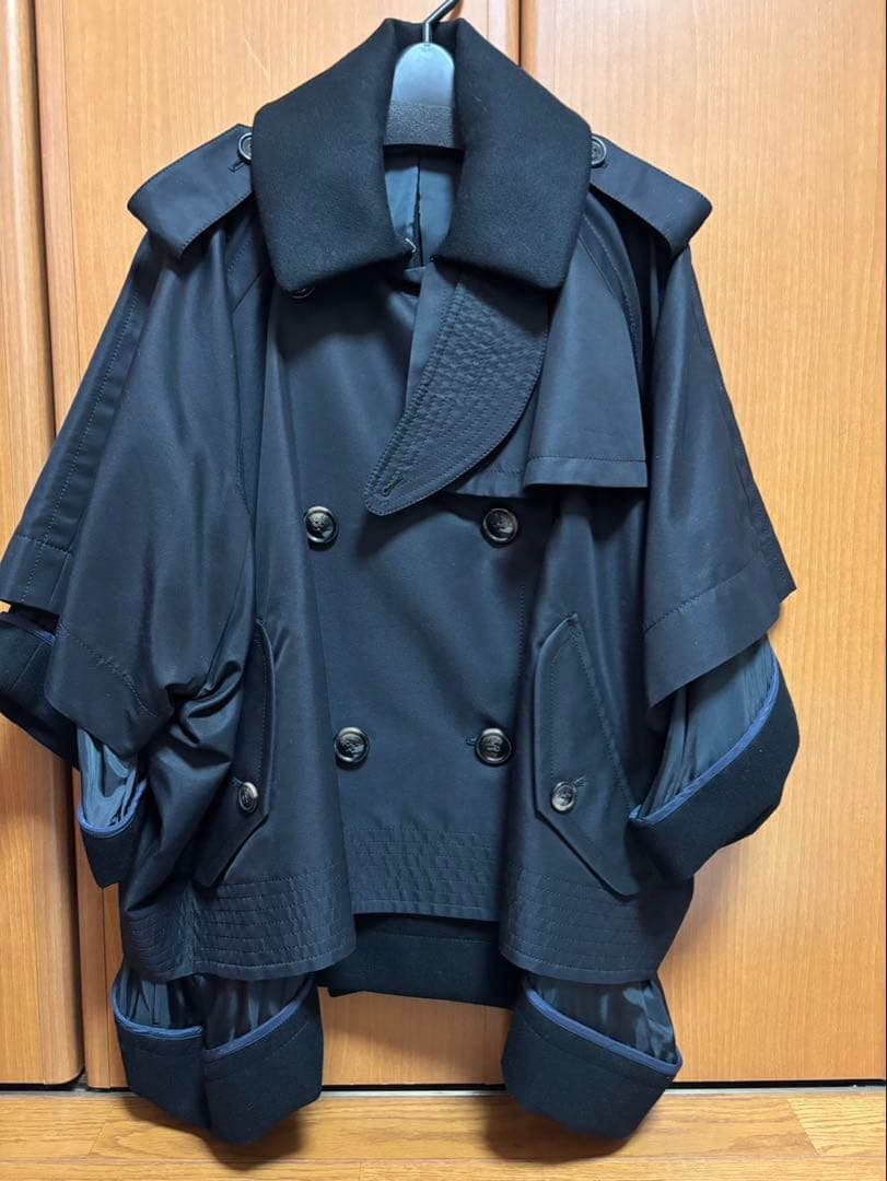 sacai レイヤードトレンチショートコート ブラック（ネイビー系）サイズ4