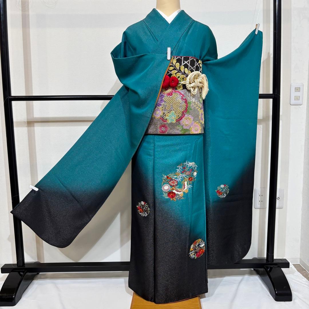【豪華】振袖　青緑　刺繍　スワトウ　成人式　正絹　身丈154 裄丈65 f7