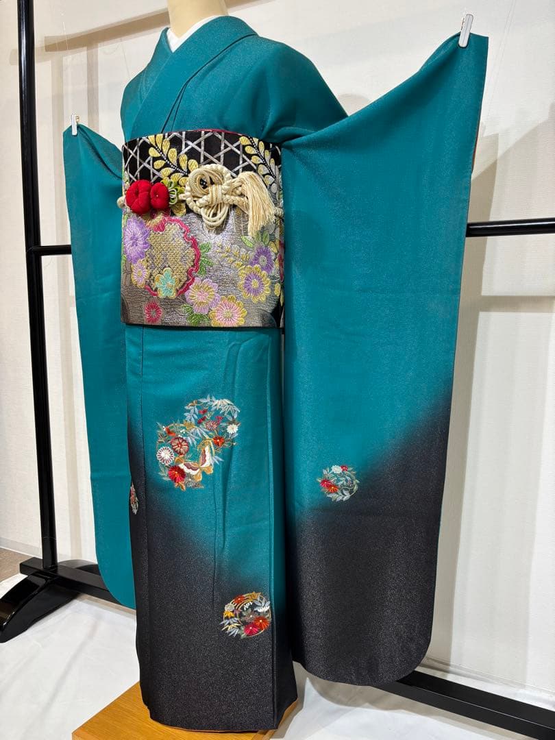 【豪華】振袖　青緑　刺繍　スワトウ　成人式　正絹　身丈154 裄丈65 f7