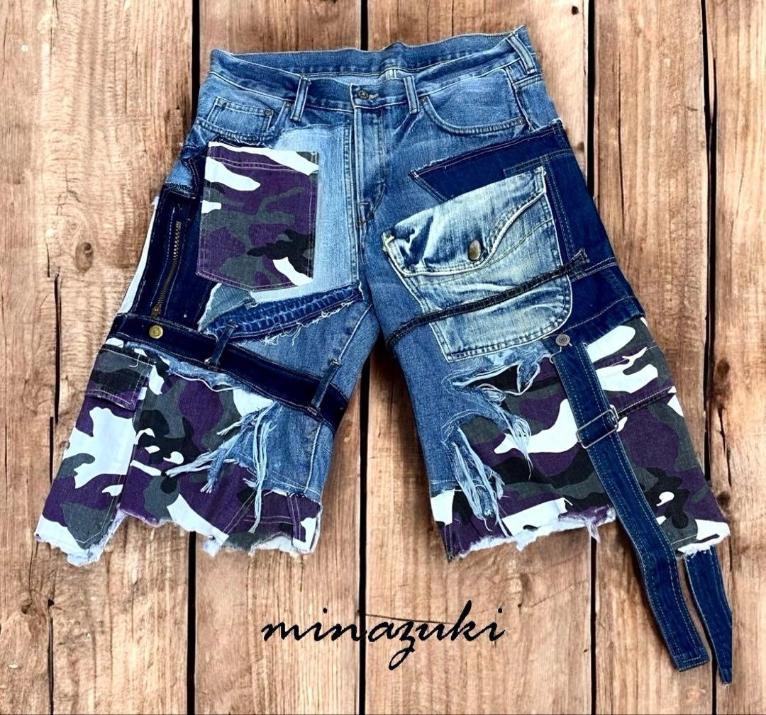 タイムセール！古着デニム☆解体×再構築☆ ハーフショートパンツ☆ミリタリ☆ 迷彩