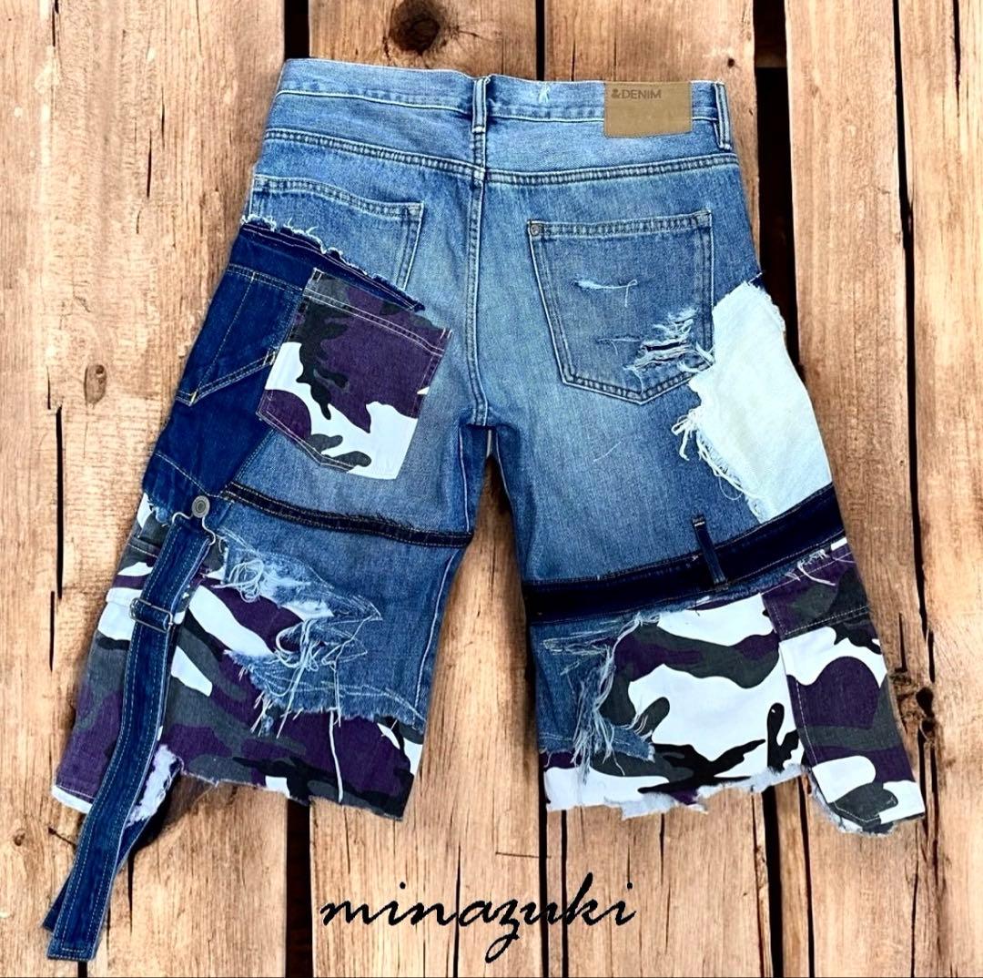 タイムセール！古着デニム☆解体×再構築☆ ハーフショートパンツ☆ミリタリ☆ 迷彩