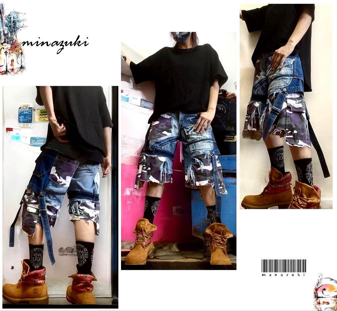 タイムセール！古着デニム☆解体×再構築☆ ハーフショートパンツ☆ミリタリ☆ 迷彩