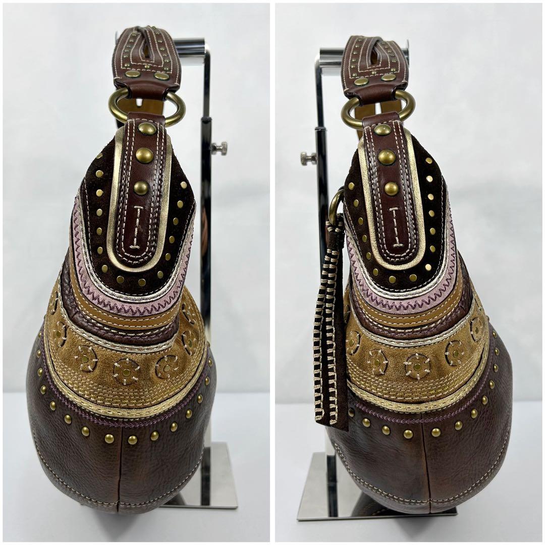 バッグ Coach Leather Studded Hobo Bag Brown