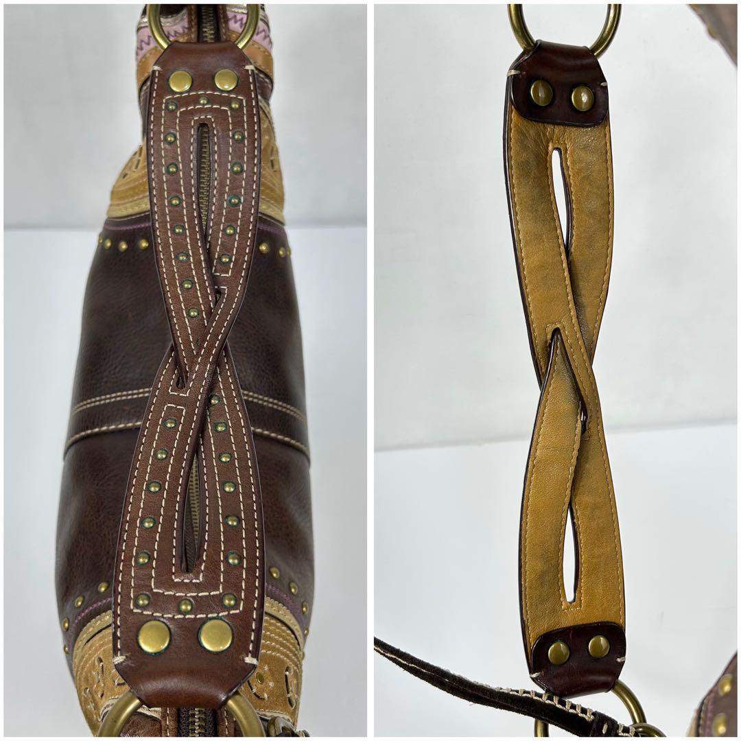 バッグ Coach Leather Studded Hobo Bag Brown