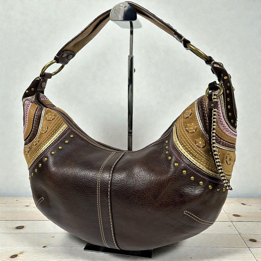 バッグ Coach Leather Studded Hobo Bag Brown
