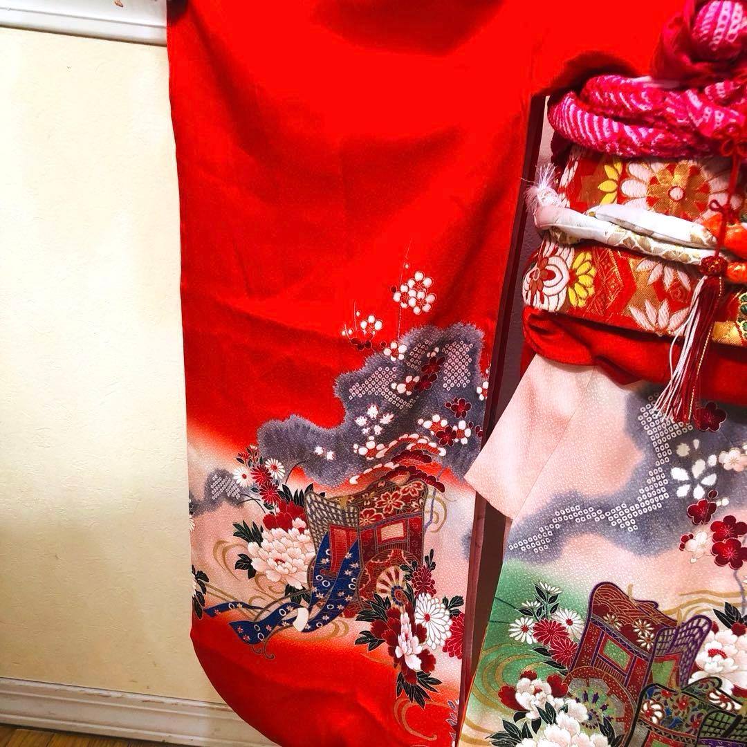 正絹️‼️七五三 七歳‼人気 赤地 御所車に手毬 金糸刺繍‼️金彩箔 豪華安心セット‼️