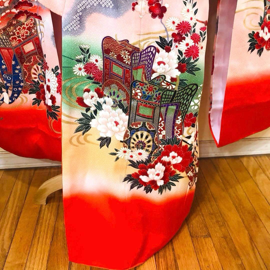 正絹️‼️七五三 七歳‼人気 赤地 御所車に手毬 金糸刺繍‼️金彩箔 豪華安心セット‼️