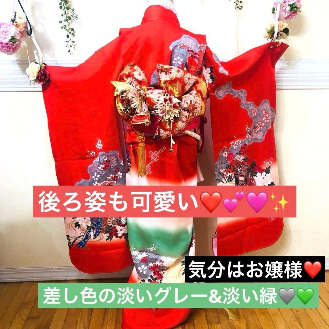 正絹️‼️七五三 七歳‼人気 赤地 御所車に手毬 金糸刺繍‼️金彩箔 豪華安心セット‼️