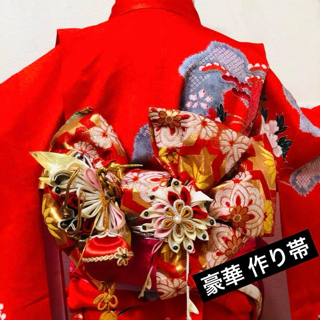正絹️‼️七五三 七歳‼人気 赤地 御所車に手毬 金糸刺繍‼️金彩箔 豪華安心セット‼️