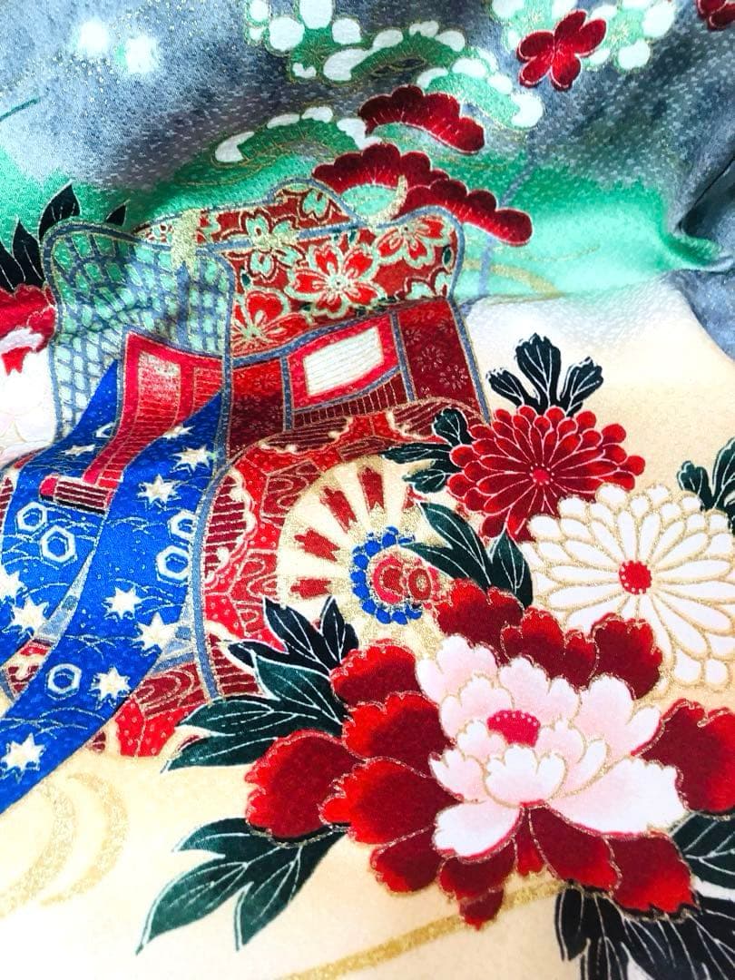 正絹️‼️七五三 七歳‼人気 赤地 御所車に手毬 金糸刺繍‼️金彩箔 豪華安心セット‼️