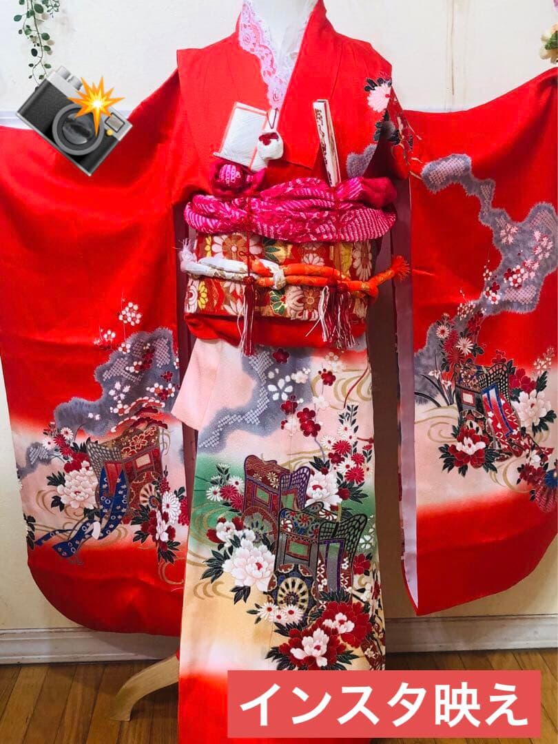 正絹️‼️七五三 七歳‼人気 赤地 御所車に手毬 金糸刺繍‼️金彩箔 豪華安心セット‼️