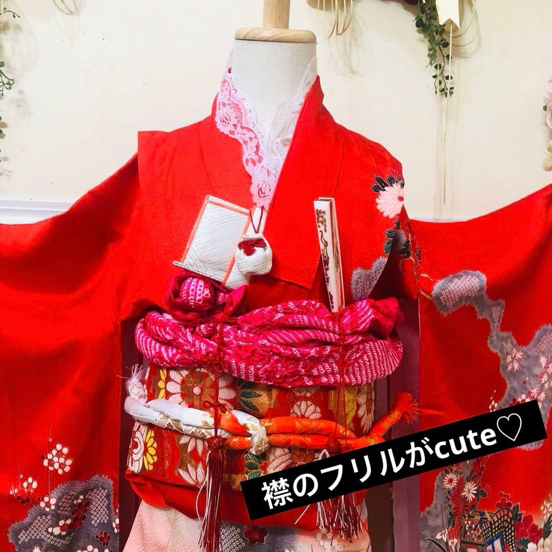 正絹️‼️七五三 七歳‼人気 赤地 御所車に手毬 金糸刺繍‼️金彩箔 豪華安心セット‼️